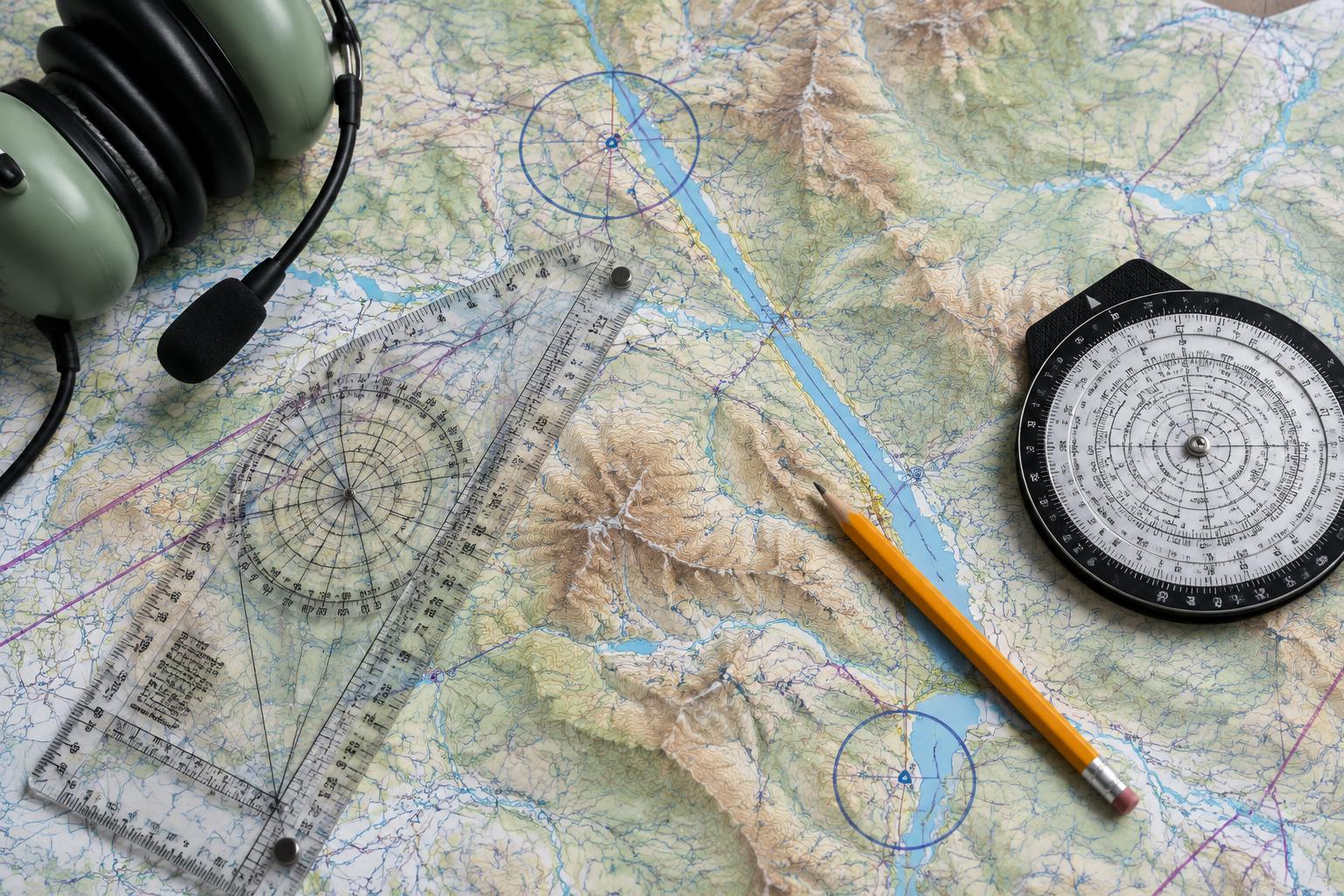 Illustration d’une carte et des outils de préparation du vol