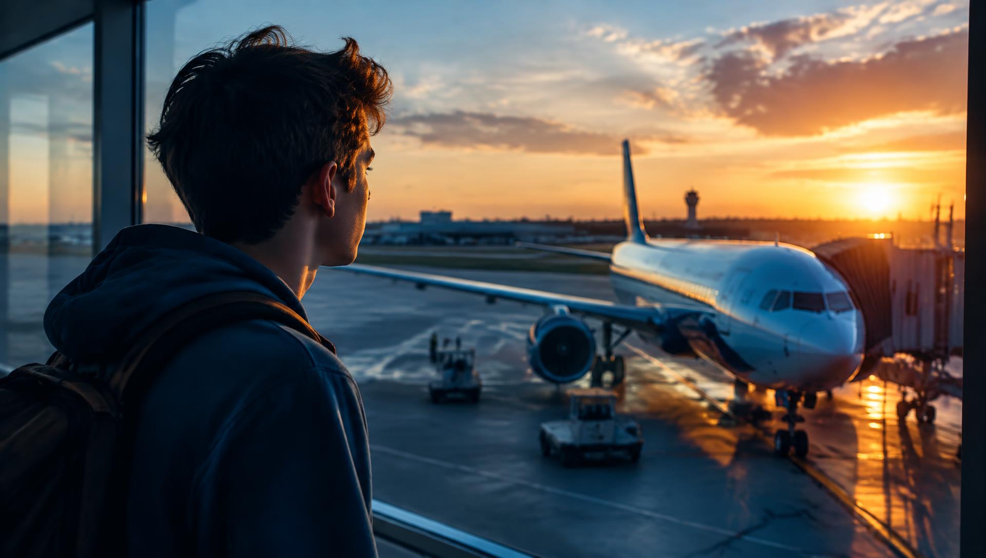 Jeune élève regardant un avion sur le tarmac d'un aéroport